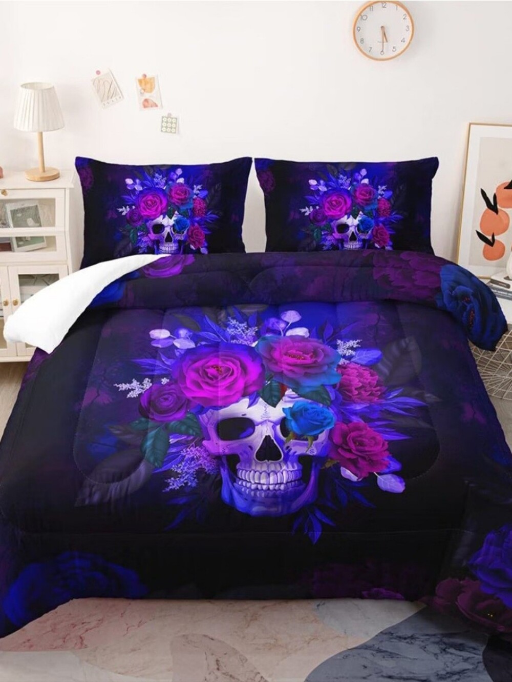 New Twin Gothic Floral Skull Quilt Bedspread With 2 Pillowcases